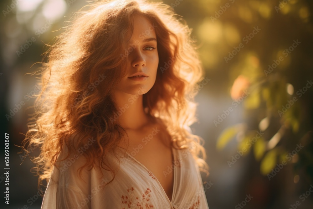 Serene young woman enjoying golden hour sunlight. Natural beauty and confidence. Serene young woman enjoying golden hour sunlight. Natural beauty and confidence.