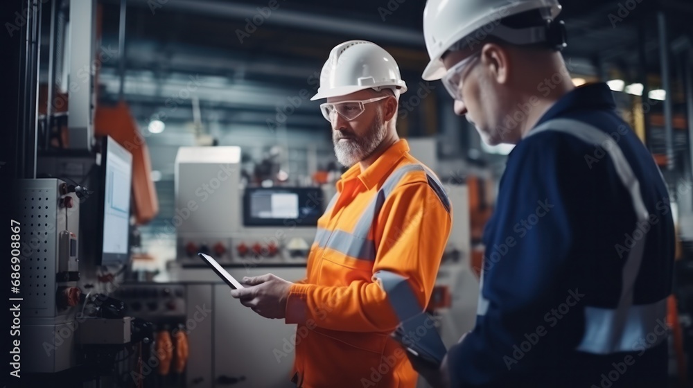 Engineers and factory managers wearing safety helmet inspect the machines in the production. inspector opened the machine to test the system to meet the standard. machine, maintenance Engineers and factory managers wearing safety helmet inspect the machines in the production. inspector opened the machine to test the system to meet the standard. machine, maintenance
