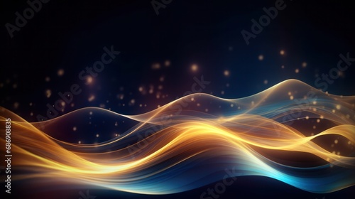Abstract futuristic background with gold and blue glowing neon moving high speed wave lines and bokeh lights. Visualization of sound waves. Data transfer. Fantastic wallpaper gen by AI