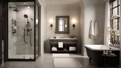 Clean  neutral colored  yet masculine bathroom  interior  apartment  design  house  luxury  modern  light  home  white  sink  room  floor  wall  bath.