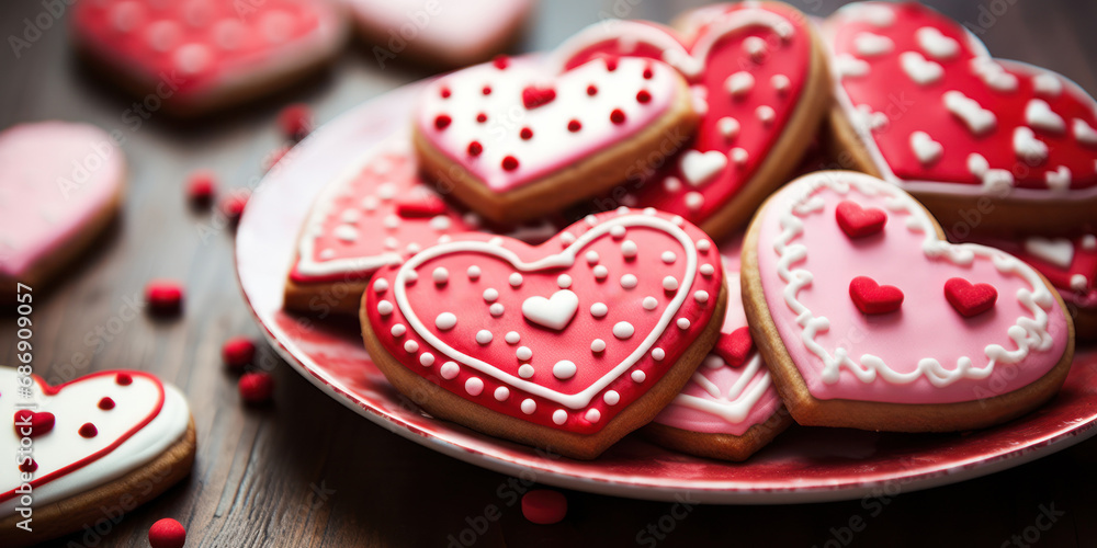 Plate of heart shaped gingerbread cookies decorated pink with icing.Postcards o invitations for Valentine's, mother's day,weddings.Day.Design of thematic web pages,recipe sites