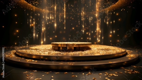 Futuristic stage with glowing golden particles and lights, suitable for award ceremonies or product reveals. photo