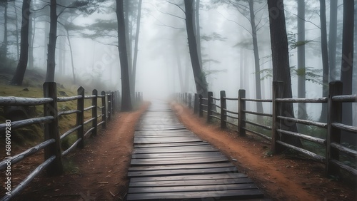Wooden fence on the foggy forest walkway from Generative AI
