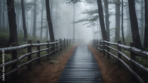Wooden fence on the foggy dark forest walkway from Generative AI