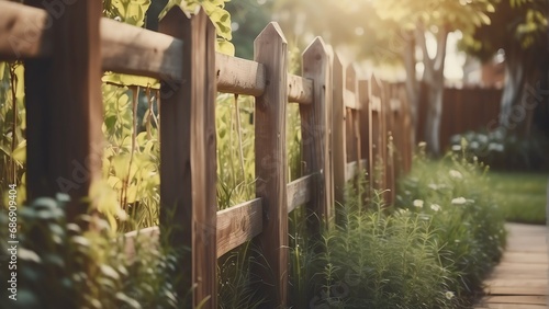 Wooden fence on the garden from Generative AI photo