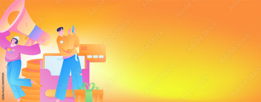 Fototapeta premium Festive Shopping E-Commerce Online Shopping People Flat Vector Concept Operation Hand Drawn Illustration