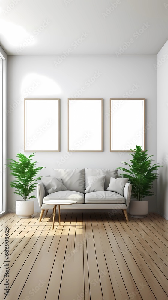 3D Render of Living Room with Multiple Empty Frames, Empty Canvas 3D Render of Living Room with Multiple Empty Frames, Empty Canvas