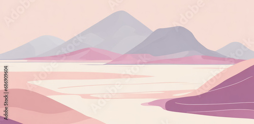Pinky colored illustration of a landscape with mountains and river