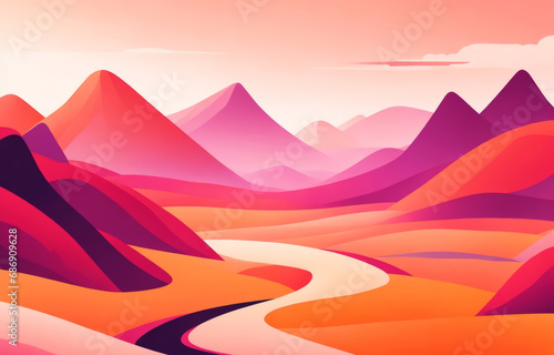 Colorful illustration of a landscape with mountains and river