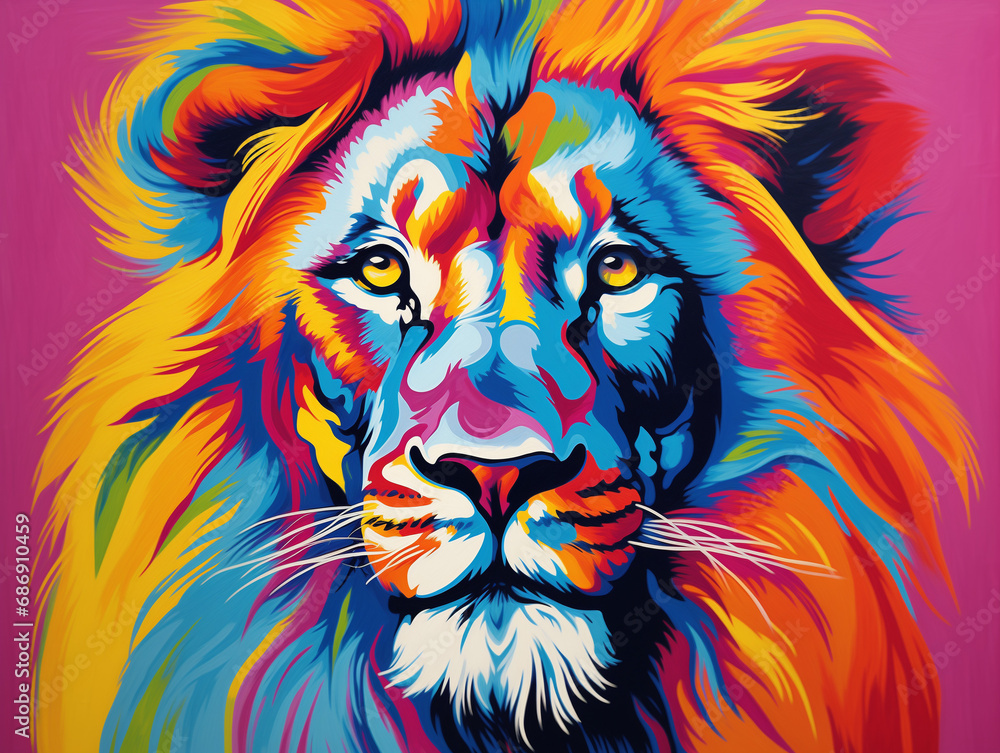 A Pop Art Acrylic Style Painting of a Lion with Vibrant Colors