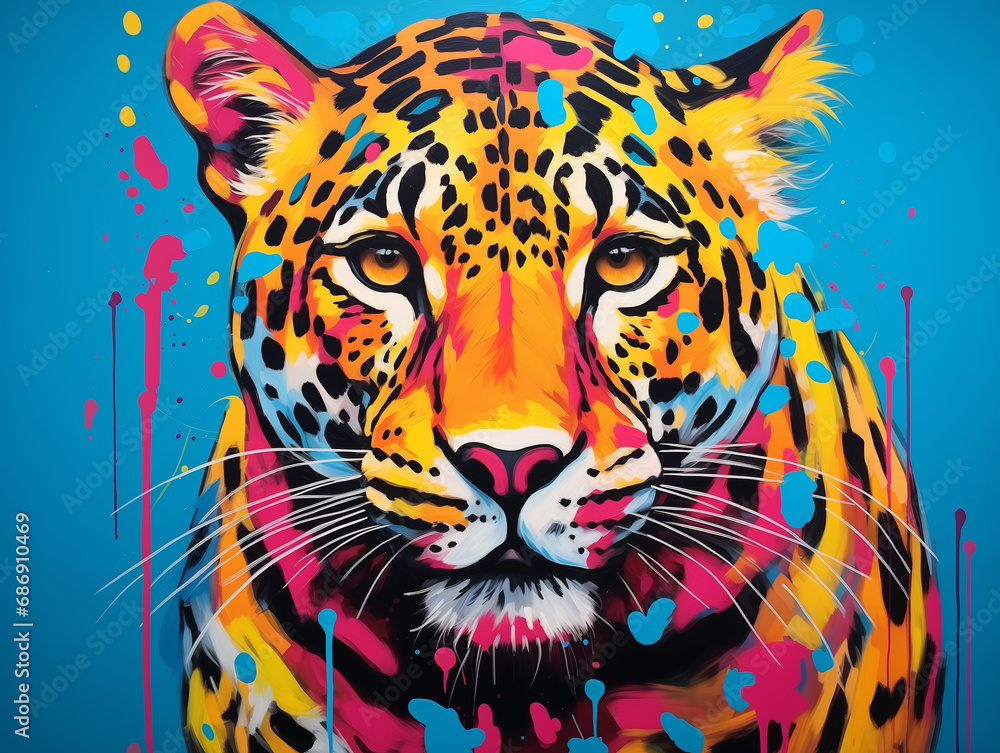 A Pop Art Acrylic Style Painting of a Leopard with Vibrant Colors