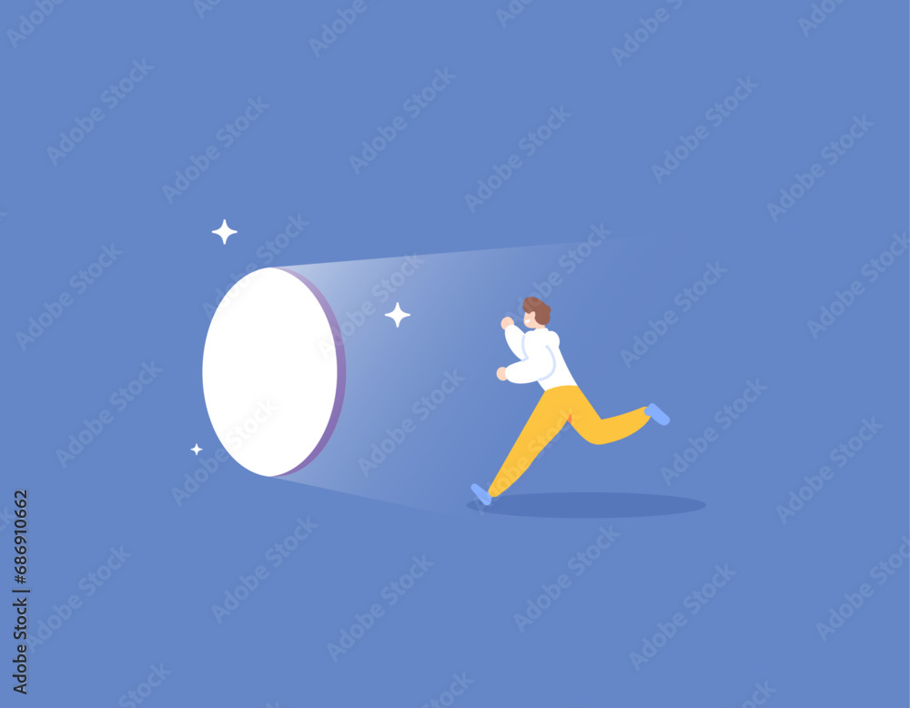 Keep going to win and success. Achieve a freedom. hopes, motivations, and goals. A businessman runs towards the glowing hole. flat illustration concept design. graphic elements. Vector Keep going to win and success. Achieve a freedom. hopes, motivations, and goals. A businessman runs towards the glowing hole. flat illustration concept design. graphic elements. Vector