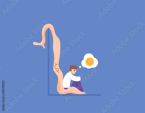 Running out of funds. bankrupt until the money for business capital is all used up. A businessman is stressful and frustrating because his money runs out and his business fails. flat illustration