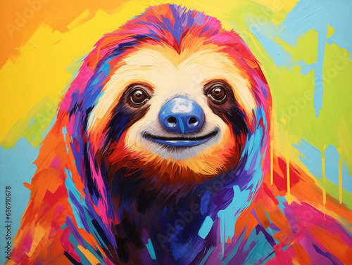 A Pop Art Acrylic Style Painting of a Sloth with Vibrant Colors