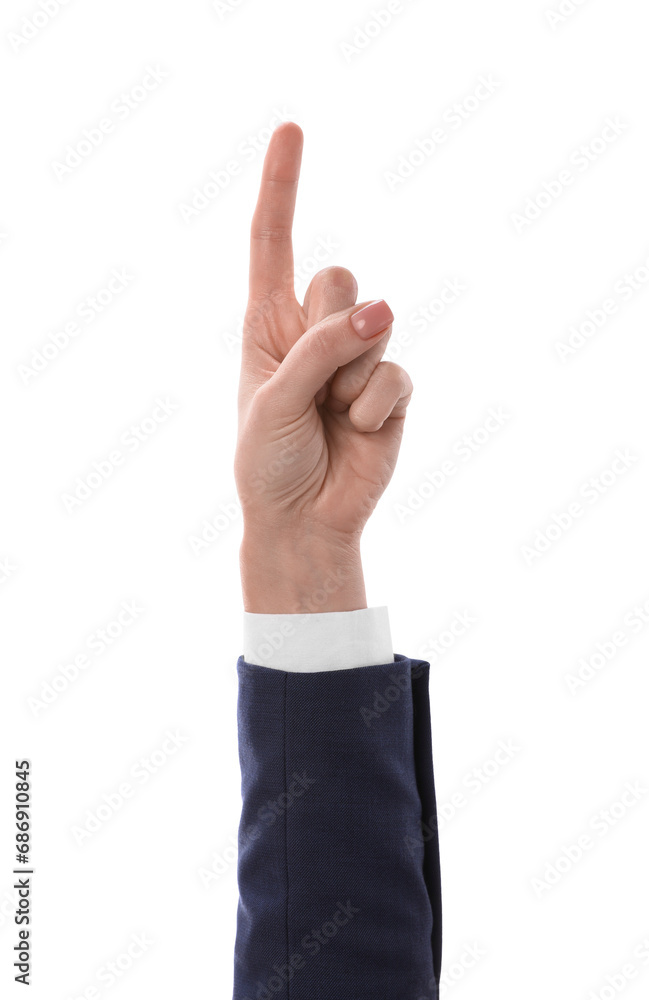 Woman pointing with index finger on white background, closeup Woman pointing with index finger on white background, closeup