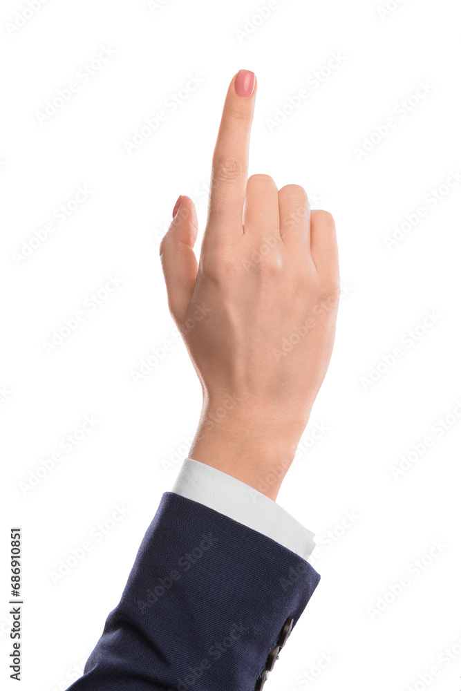 Woman pointing with index finger on white background, closeup Woman pointing with index finger on white background, closeup