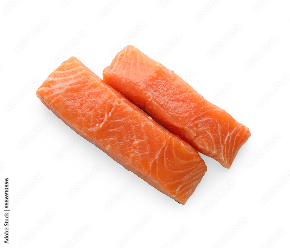 Pieces of fresh raw salmon on white background, top view Pieces of fresh raw salmon on white background, top view