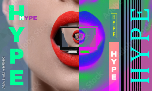 Hype, creative artwork. Woman with red lips holding monitor in mouth, recursion effect photo