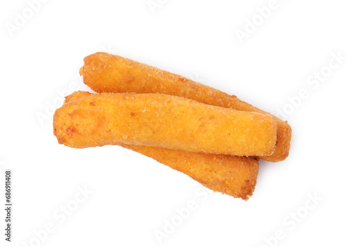 Tasty fried mozzarella sticks isolated on white, top view