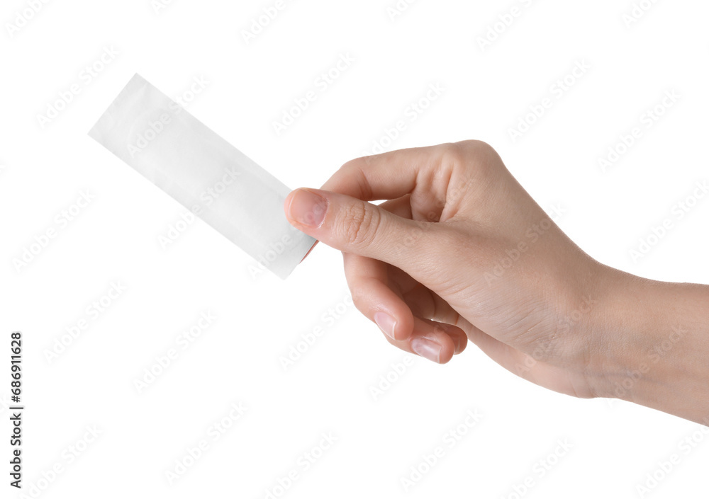 Woman holding medical adhesive bandage isolated on white, closeup - obrazy, fototapety, plakaty 