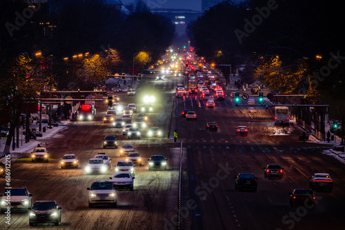 Traffic night scene in Changchun, China after snow