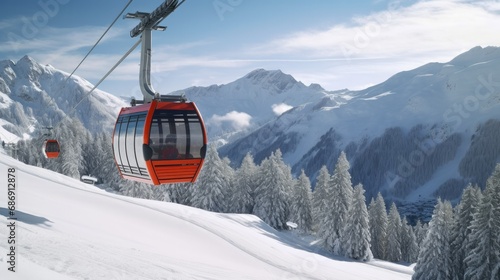 a cable car train ascending a snowy mountain, with skiers and snowboarders below, in a winter sports