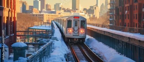  city subway train emerging from a snowy underground station, with bustling city life and snow-clad streets in the background, in an urban winter commute  photo