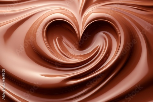 Melted milk chocolate in heart shape. Background with selective focus and copy space