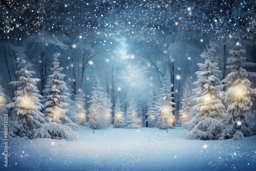 Enchanting Christmas Forest with Illuminated Trees and Falling Snow
