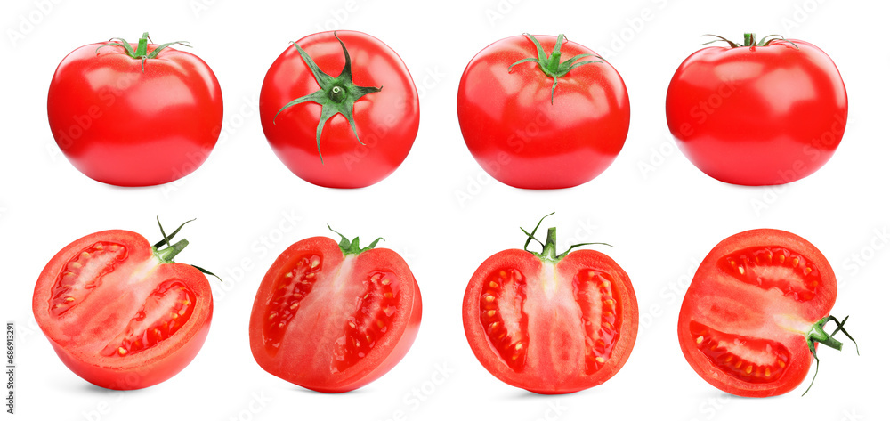Whole and cut ripe tomatoes isolated on white, set Whole and cut ripe tomatoes isolated on white, set