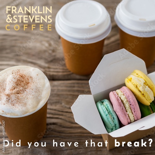 Composition of franklin and stevens coffee text over takeaway coffee and macaroons photo