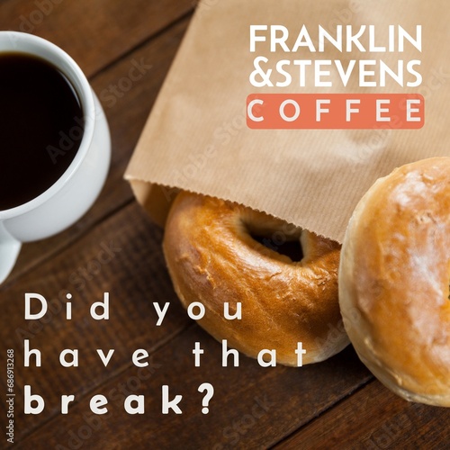 Composition of franklin and stevens coffee text over cup of coffee and doughnuts photo