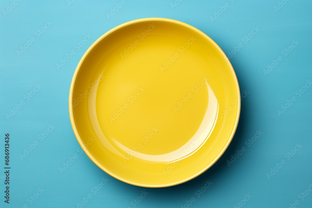 blue plate mockup with yellow background. Top view, flat lay ai generative blue plate mockup with yellow background. Top view, flat lay ai generative