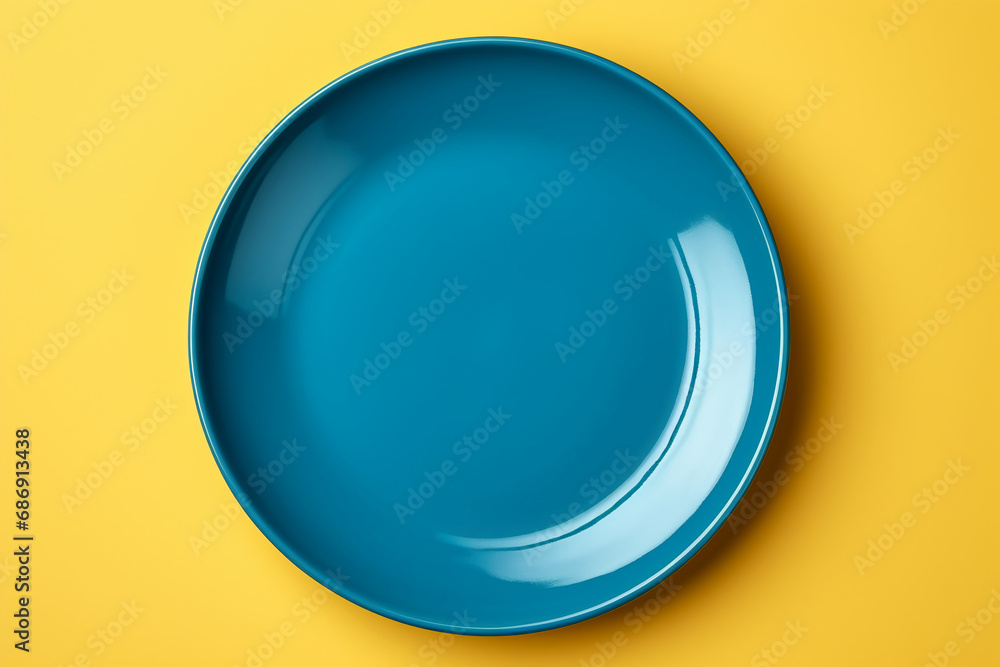 blue plate mockup with yellow background. Top view, flat lay ai generative