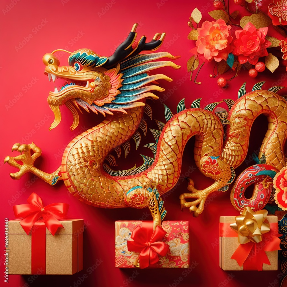 Fototapeta premium 2024 Chinese new year, year of the Dragon banner template design with dragon and giftbox background.3d rendering illustration ai generated