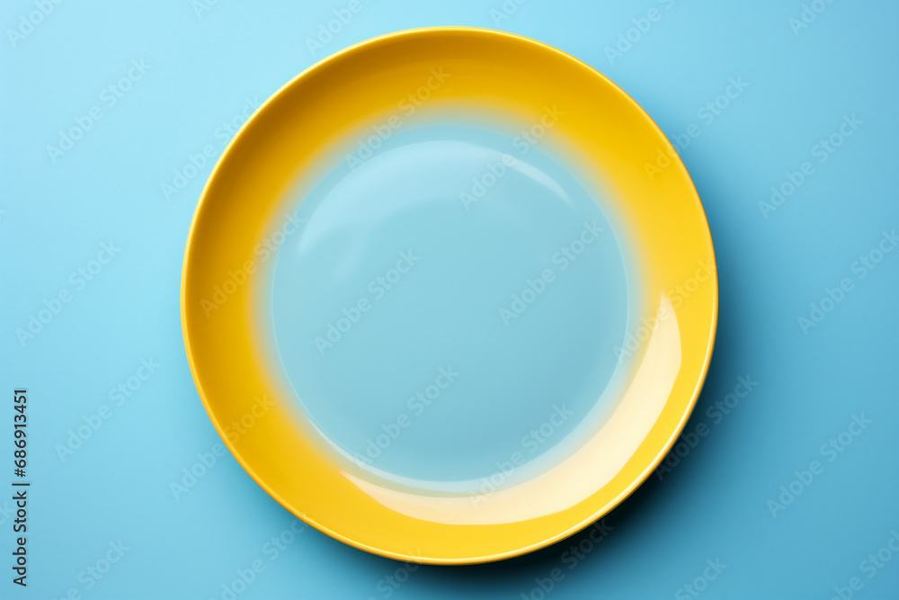 blue plate mockup with yellow background. Top view, flat lay ai generative blue plate mockup with yellow background. Top view, flat lay ai generative