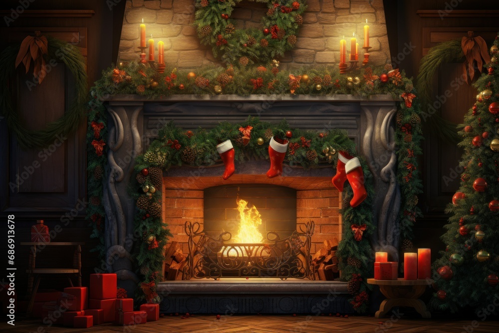 Festive Hearth with Christmas Decorations and Garland