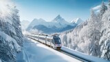  a mountain railway train winding through snowy peaks and alpine trees, with a backdrop of majestic winter mountains, in an adventurous alpine journey
