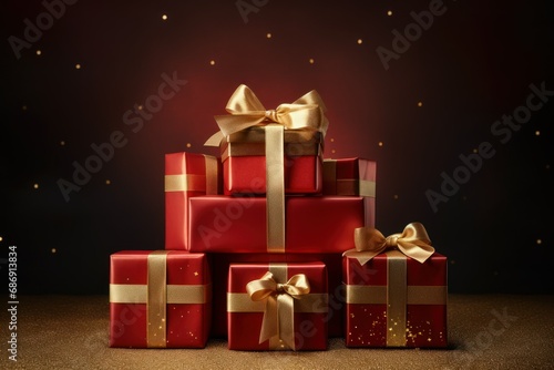Festive Red Gift Boxes with Shimmering Gold Ribbons © Lucija