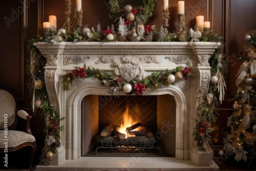 Fireplace Mantel Decorated for Christmas Holidays photo