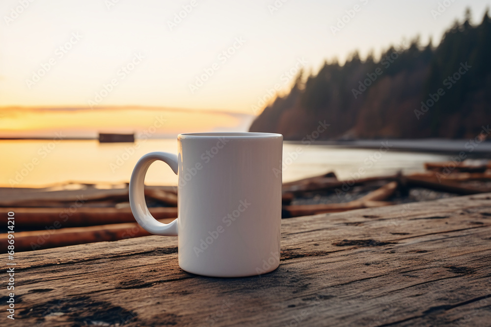 mug mock up of blank white 11oz coffee mug d-handle on left side, mug on a table, spotlight is on mug side facing viewer, background is dawn time ai generative mug mock up of blank white 11oz coffee mug d-handle on left side, mug on a table, spotlight is on mug side facing viewer, background is dawn time ai generative