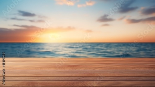 The empty wooden table top with blur background of sea on sunrise  Advertisement  Print media  Illustration  Banner  for website  copy space  for word  template  presentation
