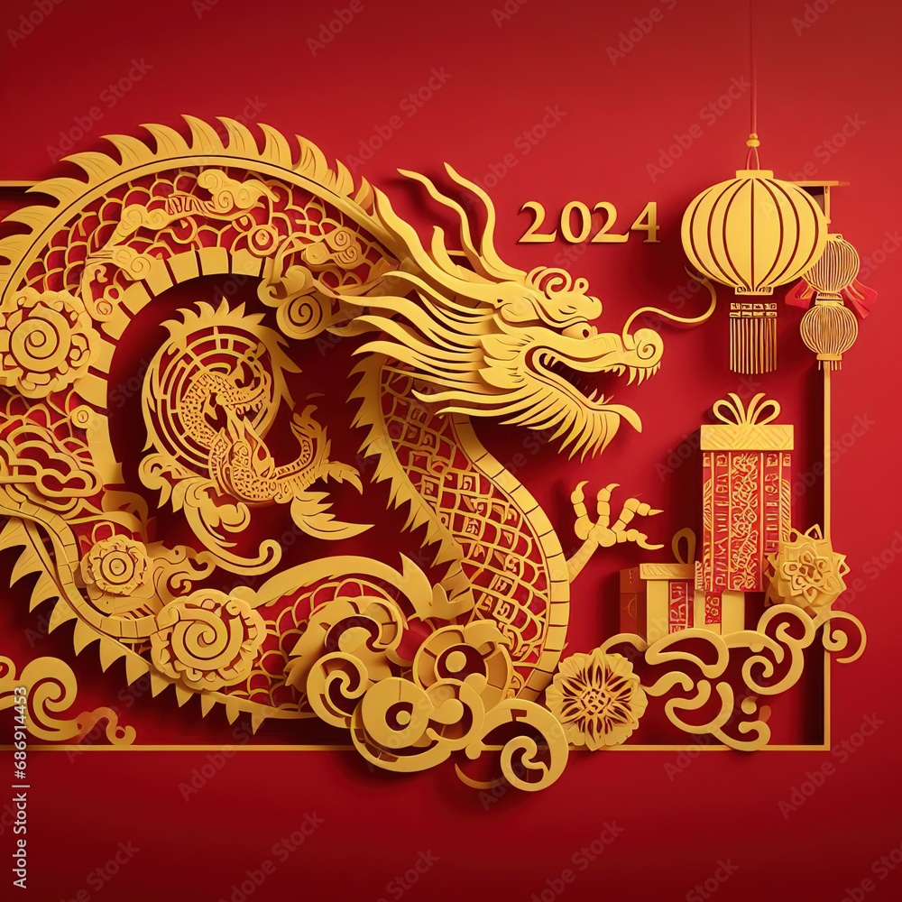 2024 Chinese new year, year of the Dragon banner template design with dragon and giftbox background.3d rendering illustration ai generated