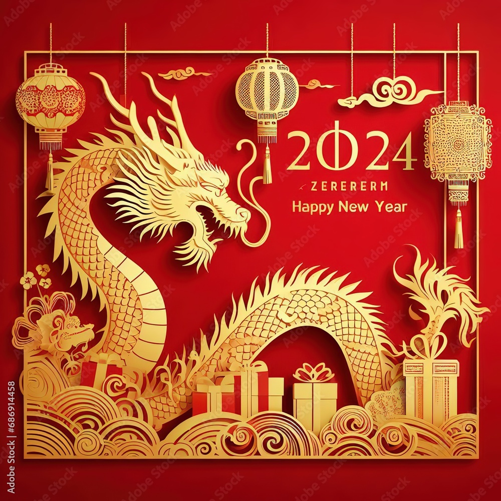 2024 Chinese new year, year of the Dragon banner template design with dragon and giftbox background.3d rendering illustration ai generated 2024 Chinese new year, year of the Dragon banner template design with dragon and giftbox background.3d rendering illustration ai generated