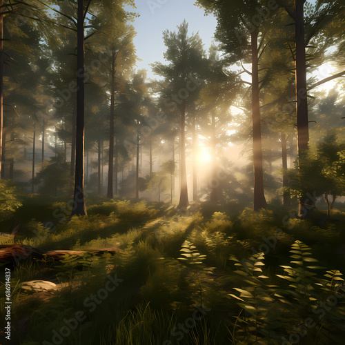 a simple forest with sunlight filtering through the tall trees