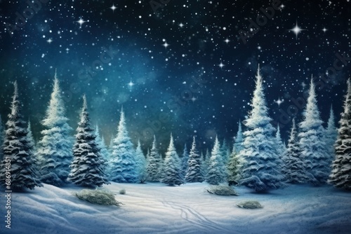 Magical Christmas Trees in Winter Forest with Starry Snowflakes © Lucija
