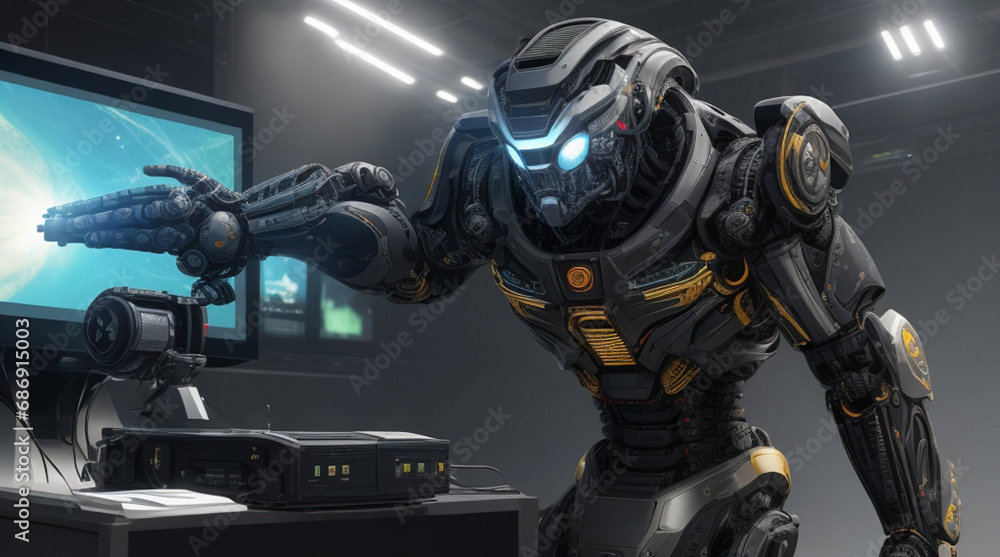 Fototapeta premium black robot animation character | robot | power | tech | 3D | gun hand