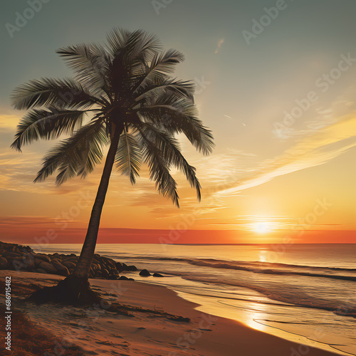 a calm coastal sunrise with a lone palm tree on the horizon