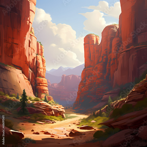 a calming canyon scene with warm hues and soft shadows