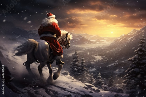 Santa Claus Journeying through Snowy Landscape